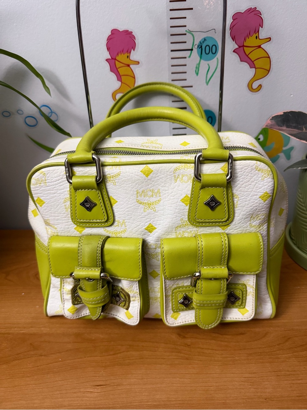 MCM White & Lime Green Leather Satchel